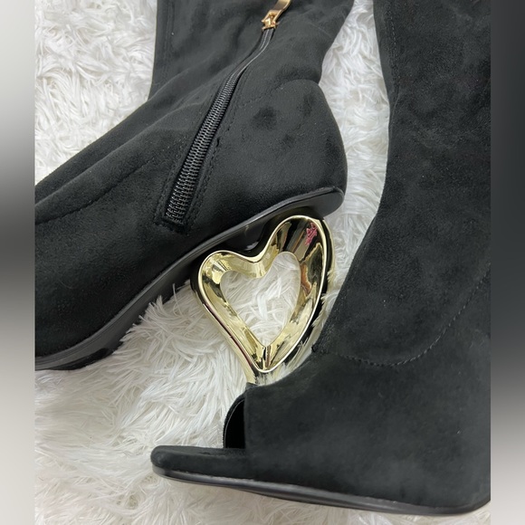 YOKI Over The Knee Stretch Peep Toe Boots Heart Shaped Heel Zip Up Black Size 7 - Picture 12 of 15